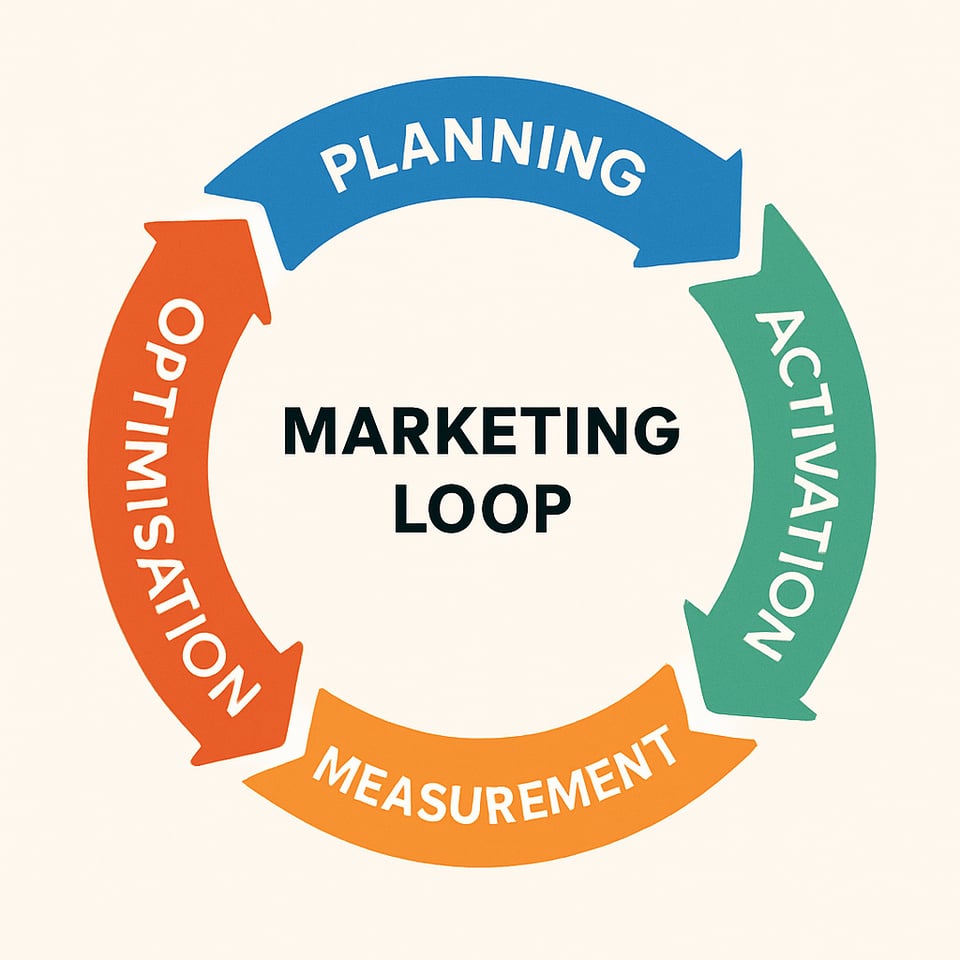 The illustration presents a cyclical marketing loop that visually represents the interconnected stages of a marketing strategy It begins with the strategic planning phase where goals and objectives are set This is followed by the activation stage whe