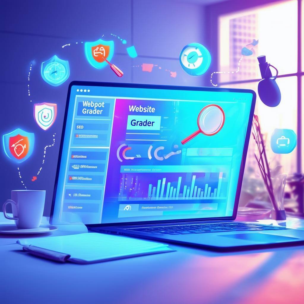 The image features a sleek, modern webpage displayed on a laptop screen, showcasing the HubSpot Website Grader interface