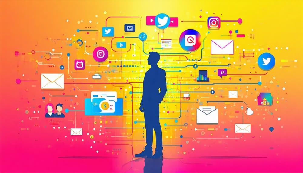 A vibrant and dynamic marketing strategy visual that showcases various digital channels interconnected, such as social media icons, email notification