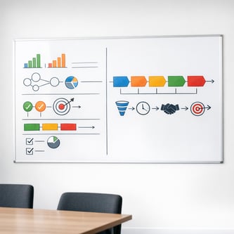 Minimal whiteboard with clearly written shared metrics and pipeline stage definitions