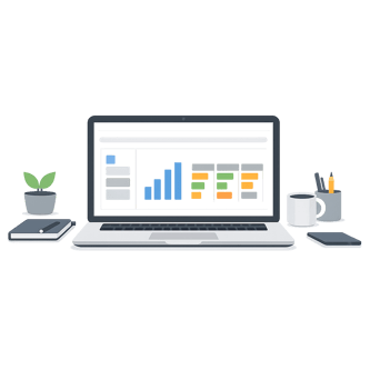 Clean desk with open laptop showing a simple CRM dashboard and pipeline data