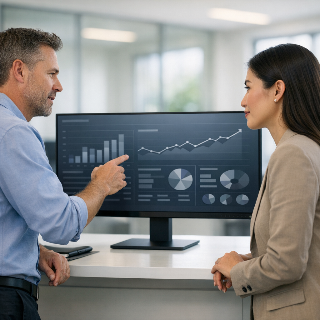 Two colleagues reviewing a shared revenue dashboard on a single screen in a bright open office