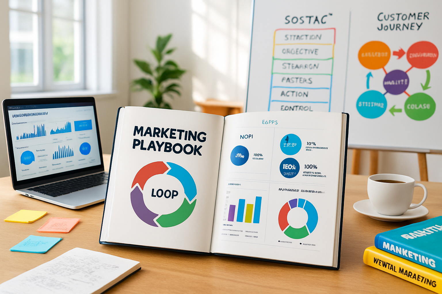A modern sleek marketing playbook spread open on a wooden table showcasing colorful graphs diagrams and key performance indicators KPIs related to Loop Marketing The background features a bright airy office space with large windows letting in natural
