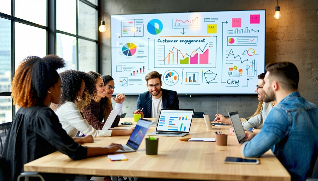 A modern office environment featuring a diverse group of professionals engaged in a collaborative meeting. The scene includes a large conference table
