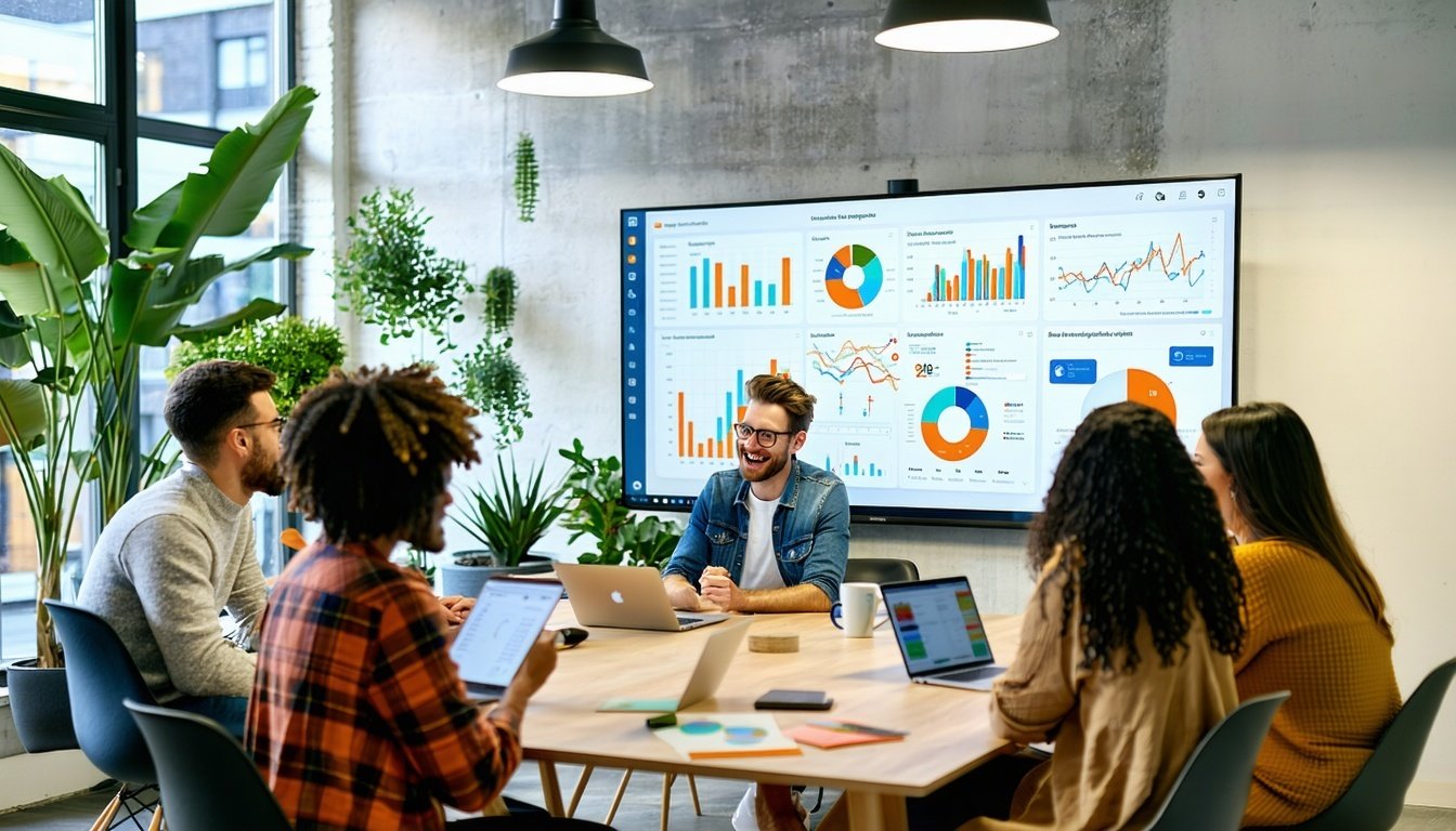 A modern office setting featuring a diverse team of professionals engaged in a collaborative meeting. In the foreground, a large screen displays a det
