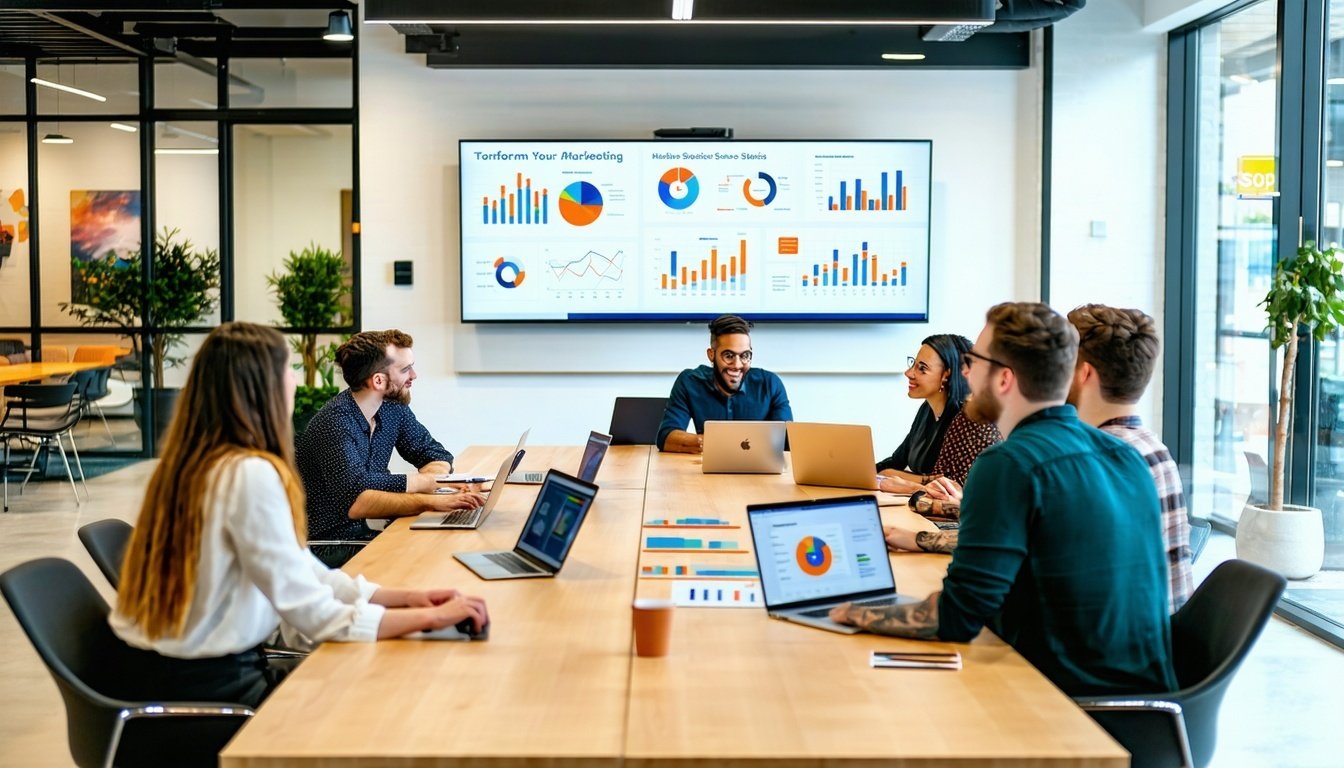 A modern office setting with a sleek, open layout, featuring diverse professionals engaged in discussions around a large conference table. On the tabl