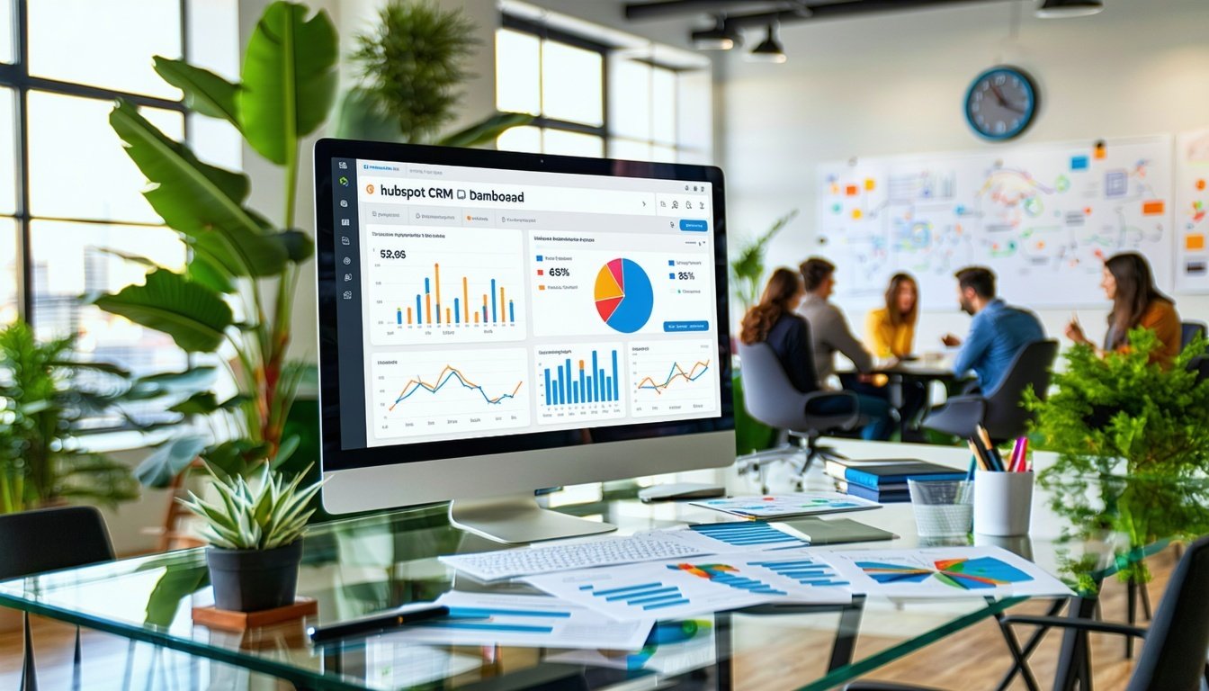 A modern office workspace featuring a sleek computer displaying the HubSpot CRM dashboard on the screen, showcasing graphs and analytics. In the backg