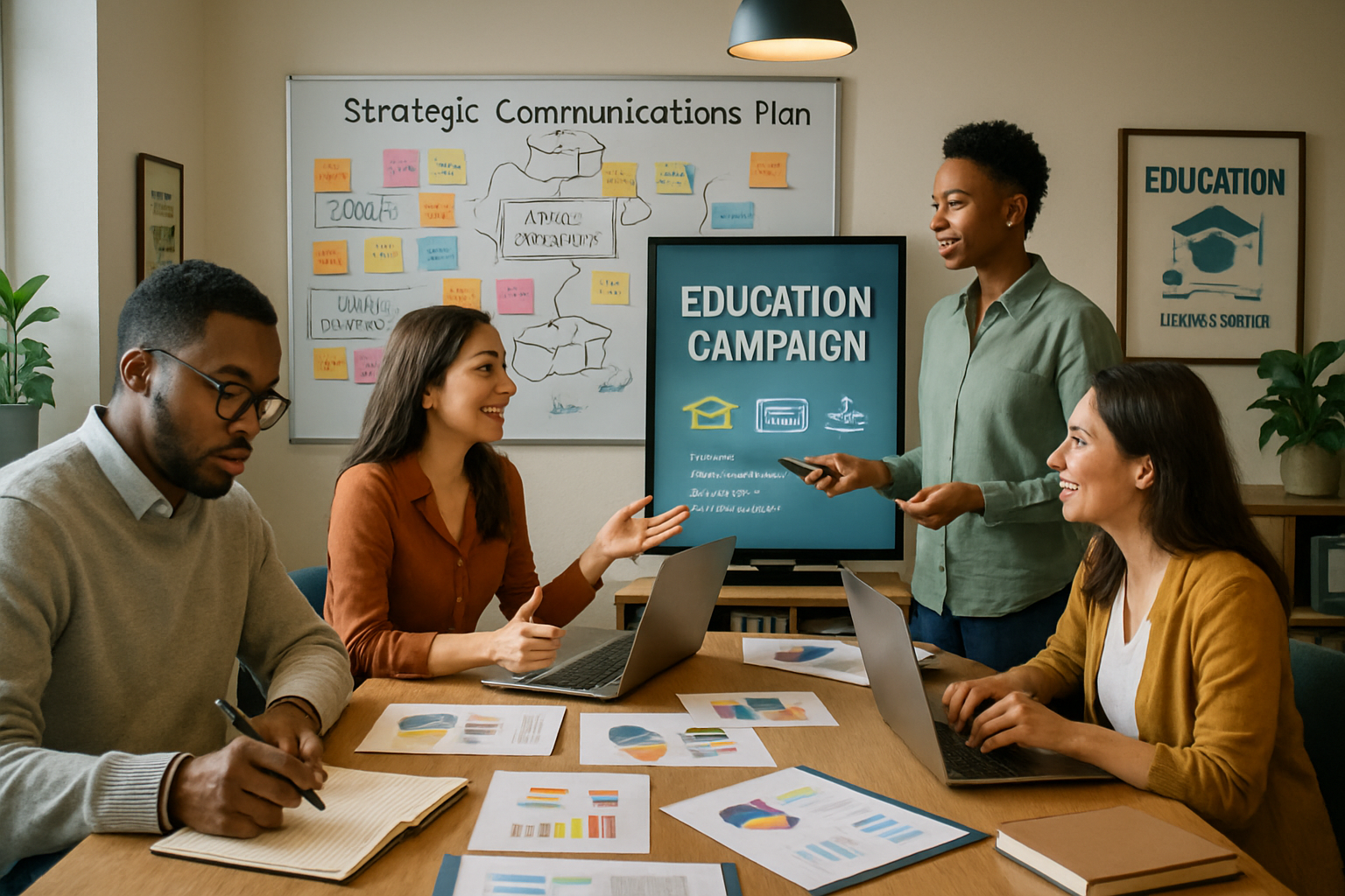 A professional and inviting office setting where a small team of diverse individuals collaborates around a large table covered with marketing material