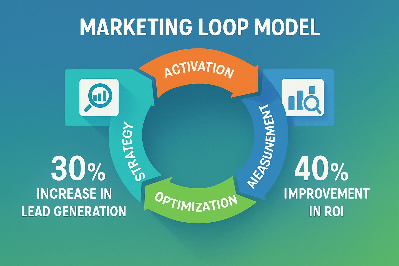 A visually engaging infographic depicting the Marketing Loop Model, divided into four distinct sections: Strategy, Activation, Measurement, and Optimi